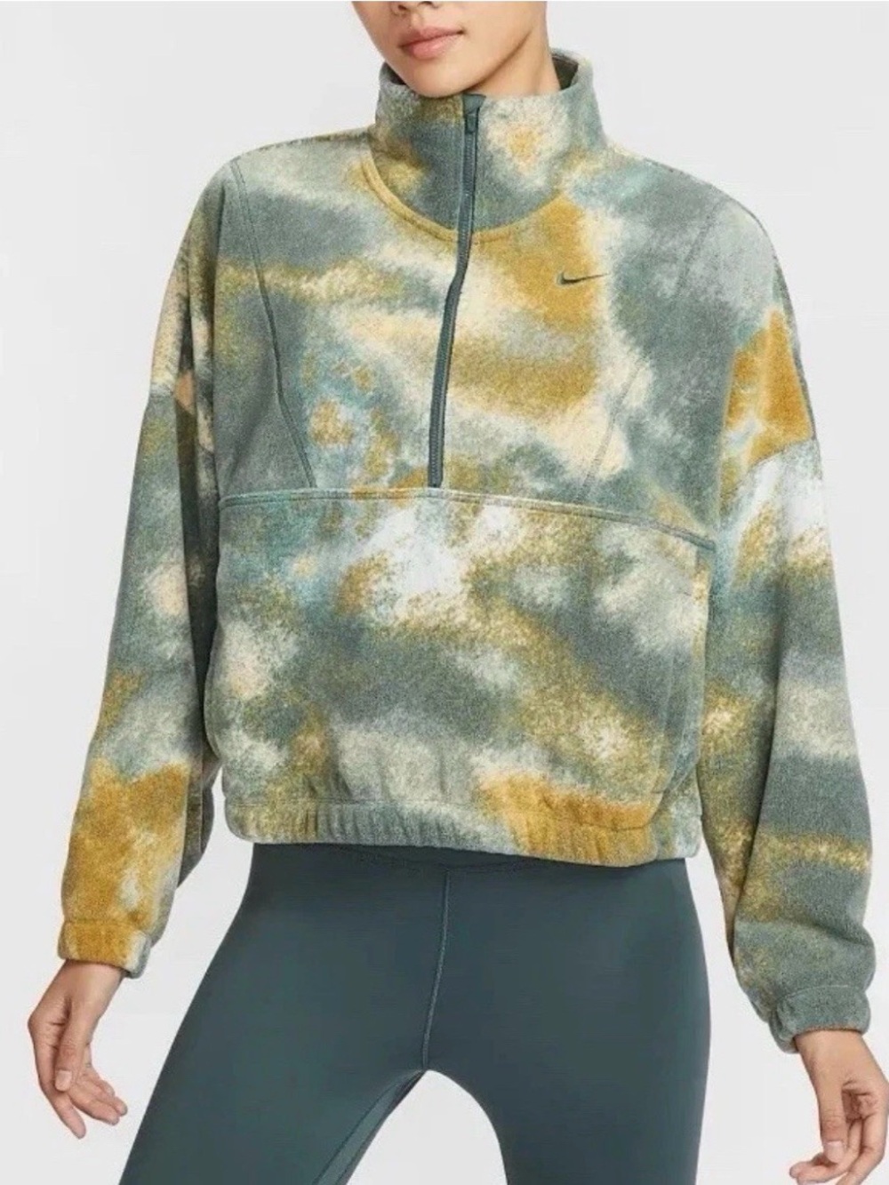 NWT Nike Therma Fit Fleece Pullover Tie Dye Oversized Cropped Sage Mustard M